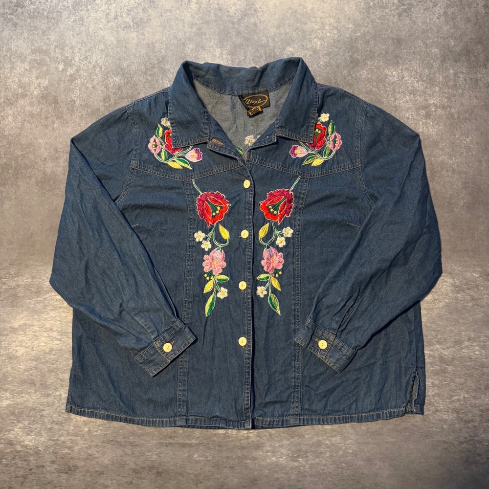 VTG Alex Kur Embroidered Denim Shirt Womens PXL Back Floral Cottagecore 90s
